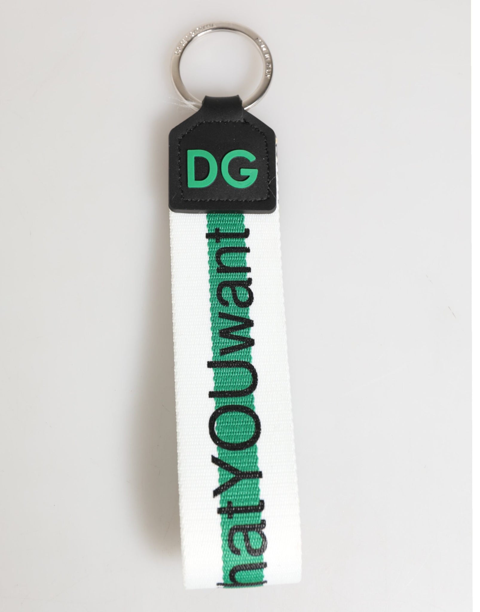 Dolce & Gabbana Green Logo Polyester Silver Brass Holder Keychain Keyring