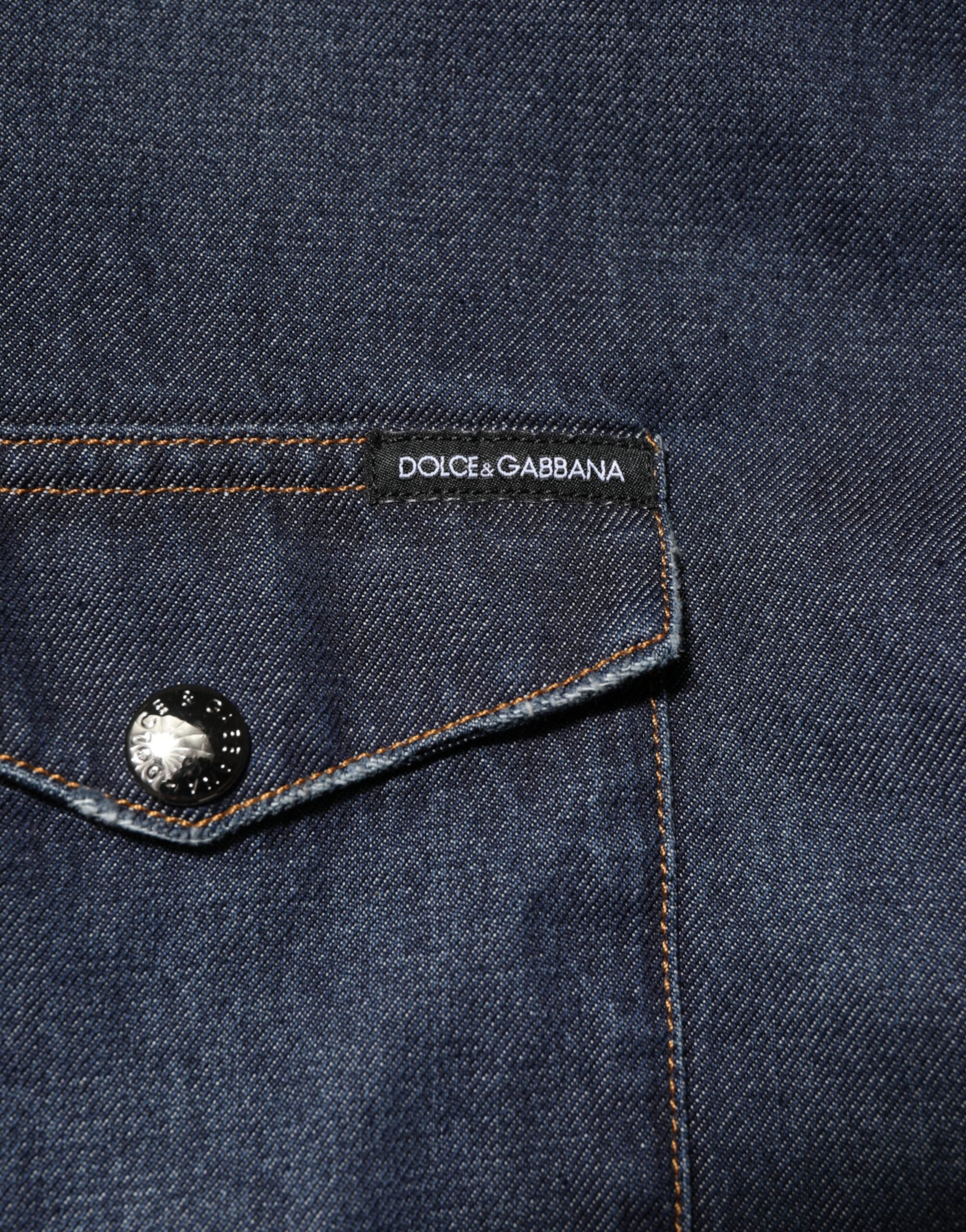 Dolce & Gabbana Blue Denim Button Casual Logo Patch Men Shirt