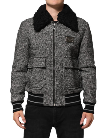Dolce & Gabbana Gray Wool Herringbone Shearling Collar Bomber Jacket