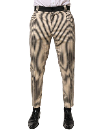 Dolce & Gabbana Beige Black Striped Cotton Slim Fit Trousers Pants