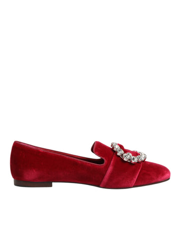 Dolce & Gabbana Red Velvet Crystal Buckle Loafers Flats Shoes