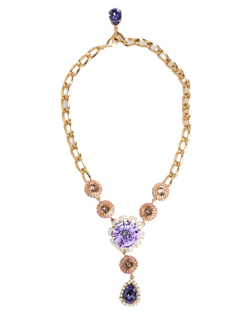 Dolce & Gabbana Gold Brass Crystal Pearl Purple Floral Pendant Jewelry Necklace