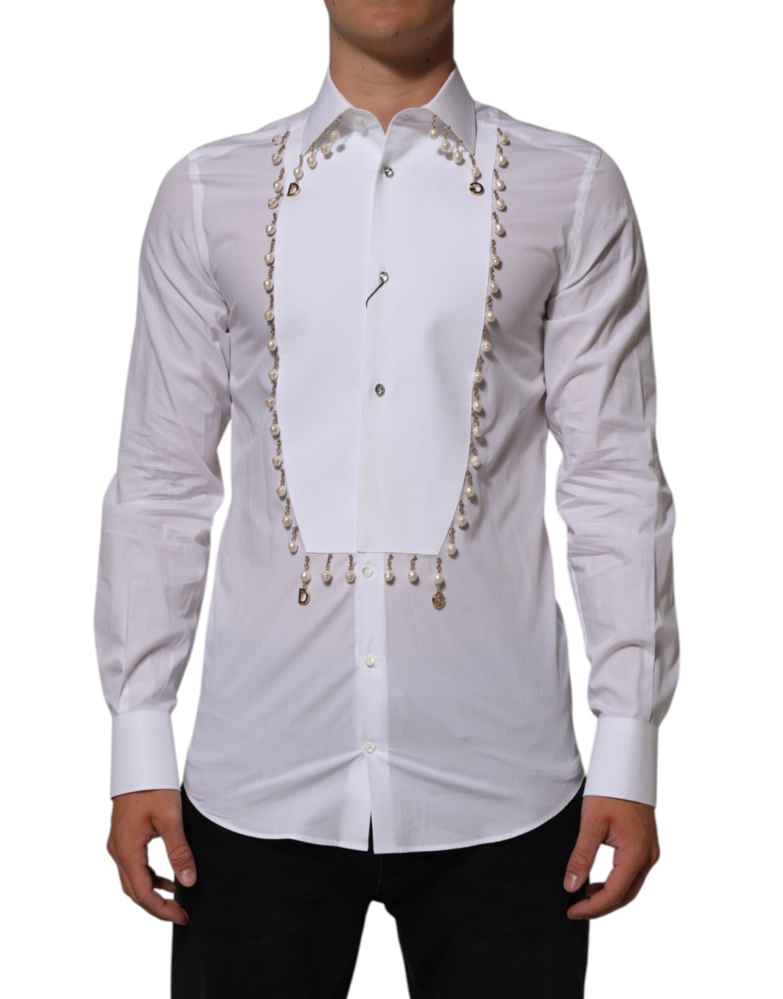Dolce & Gabbana White Cotton DG Logo Pearl GOLD Formal Shirt