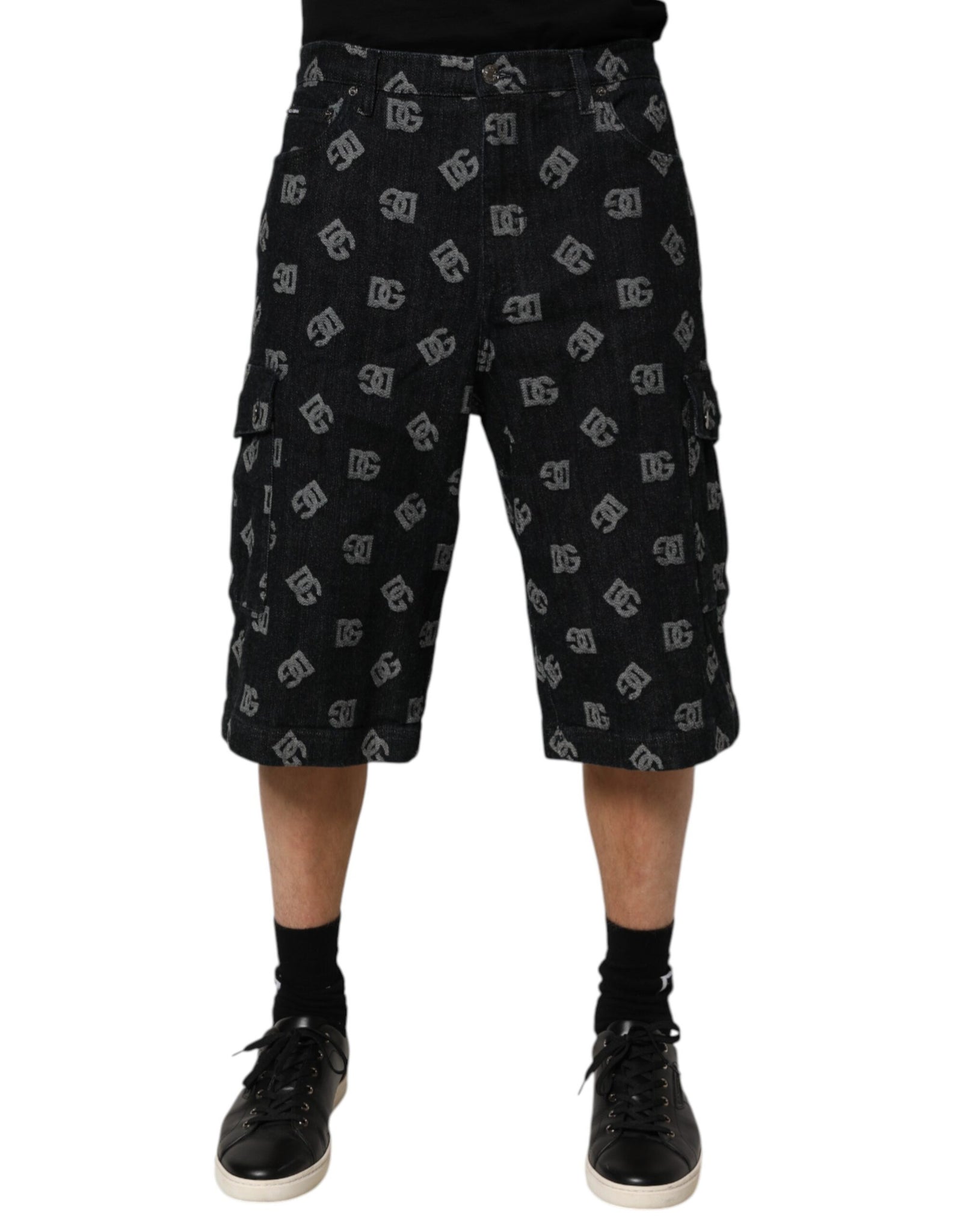 Dolce & Gabbana Black Monogram Denim Cargo Men Bermuda Short