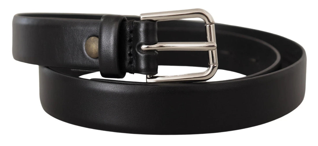 Dolce & Gabbana Black Calf Leather Silver Tone Logo Buckle Belt