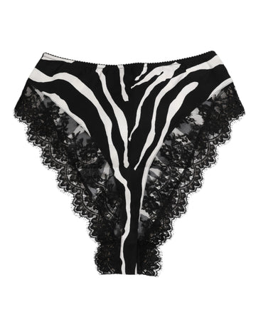 Dolce & Gabbana Black Silk Zebra Print Lace High Waist Underwear