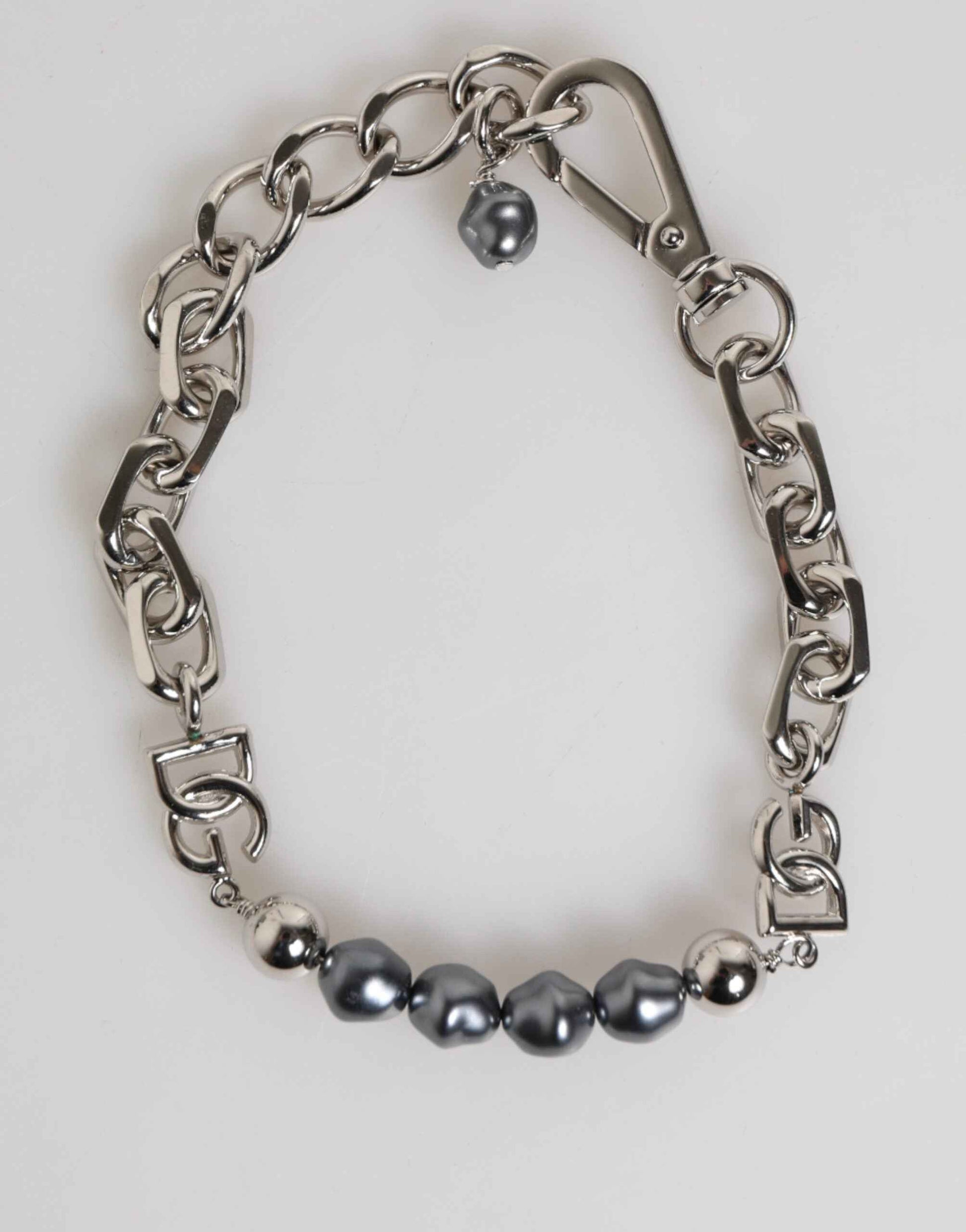 Dolce & Gabbana Silver Tone Chain Lobster Clasp Logo Gray Pearls Bracelet