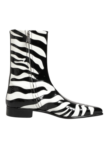 Dolce & Gabbana Black White Zebra Leather Mid Calf Boots Shoes