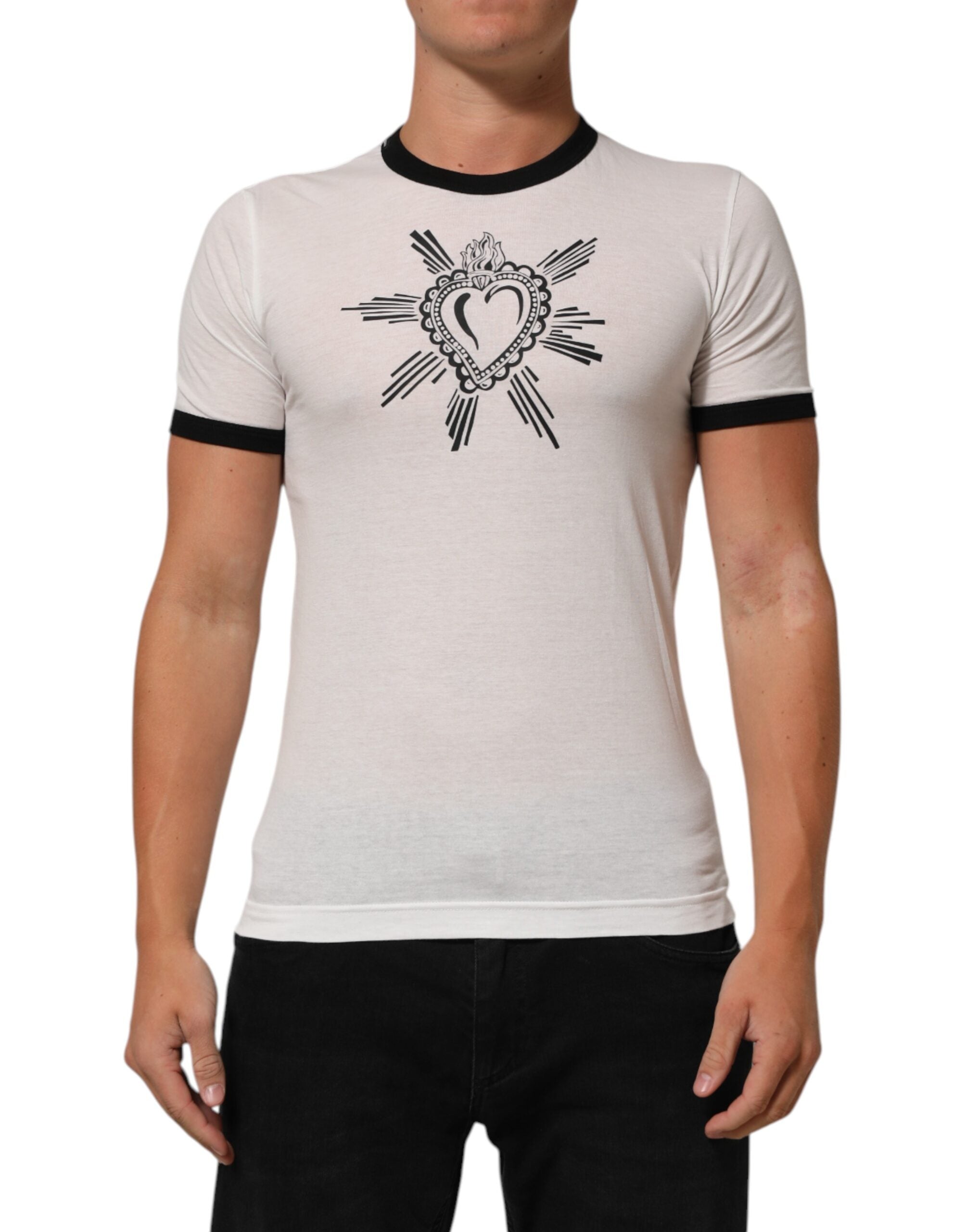 Dolce & Gabbana White Sacred Heart Cotton Crew Neck T-shirt