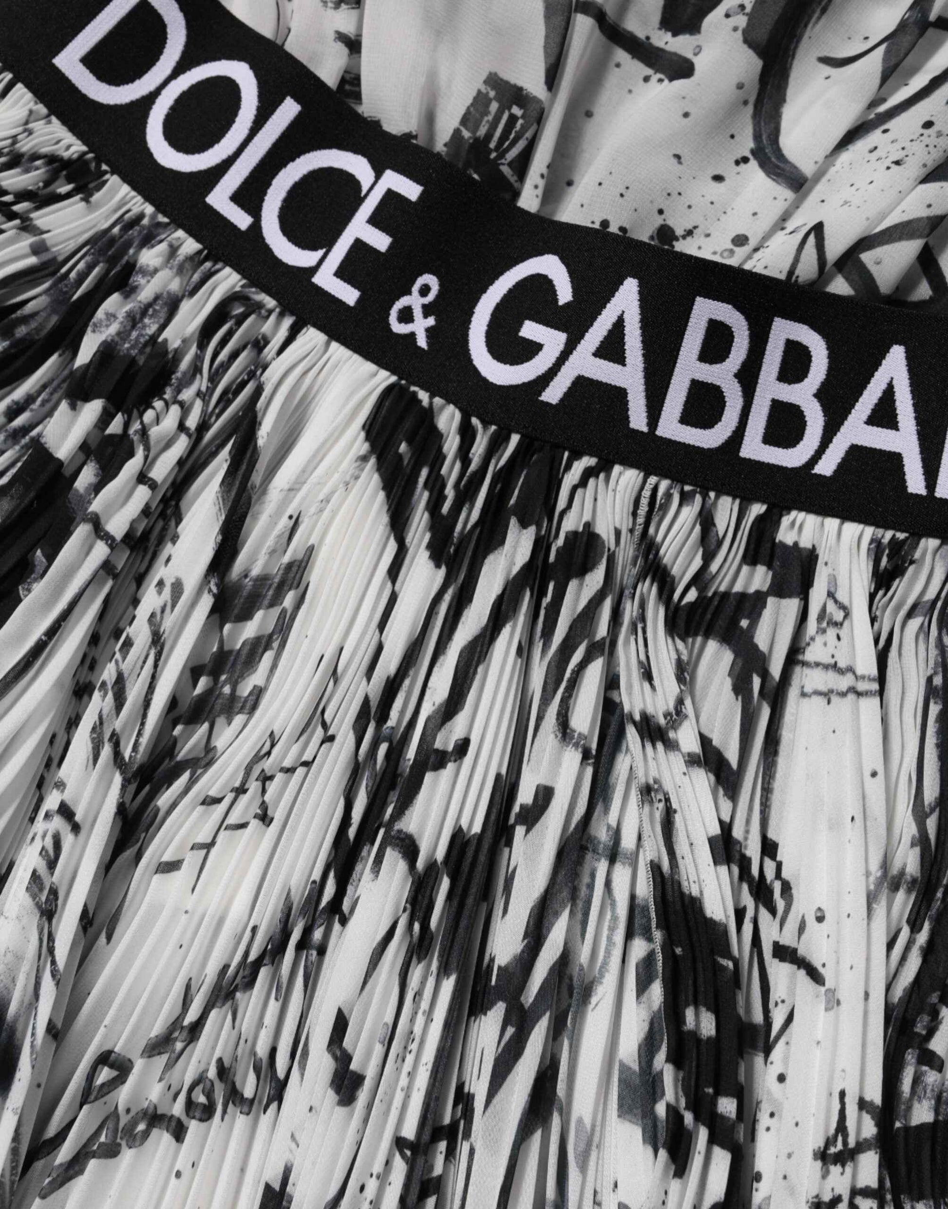 Dolce & Gabbana Black White Monogram Pleated Long Gown Dress