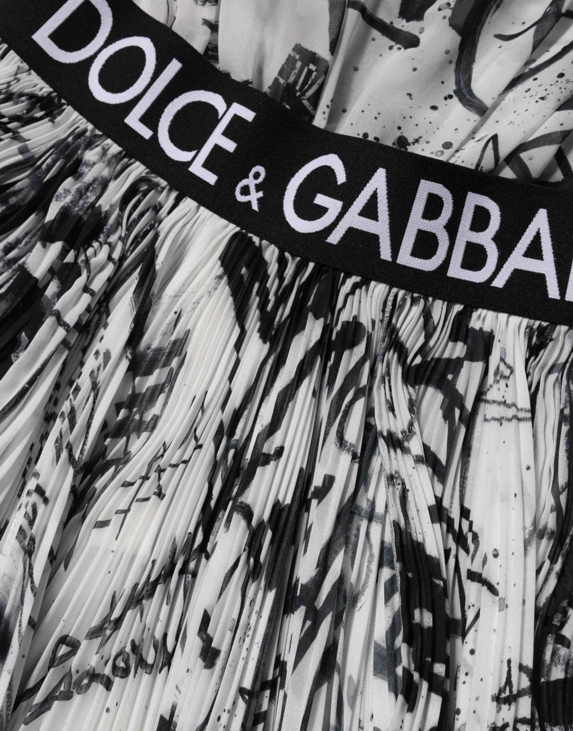 Dolce & Gabbana Black White Monogram Pleated Long Gown Dress
