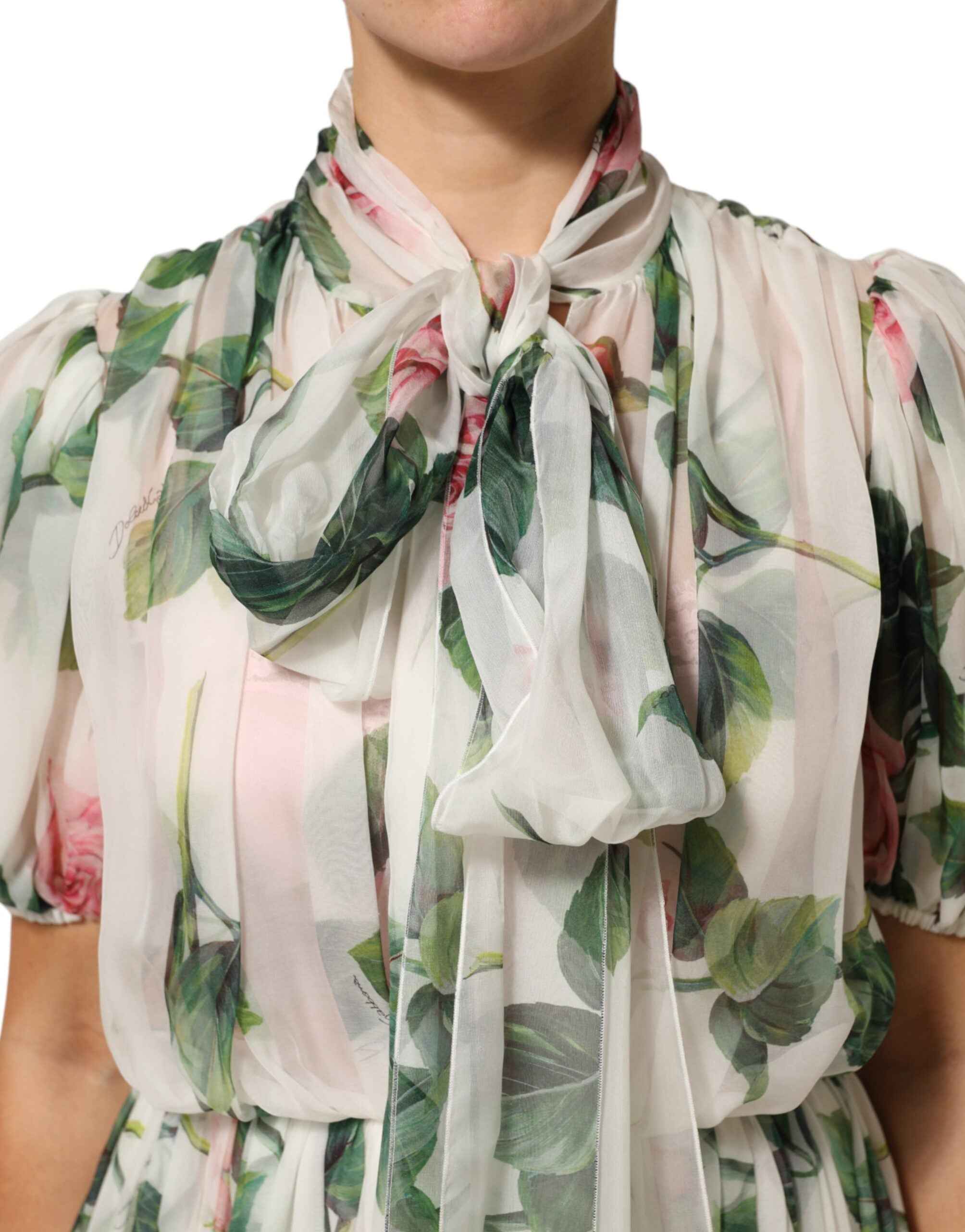 Dolce & Gabbana White Floral Print Silk Pleated Midi Dress