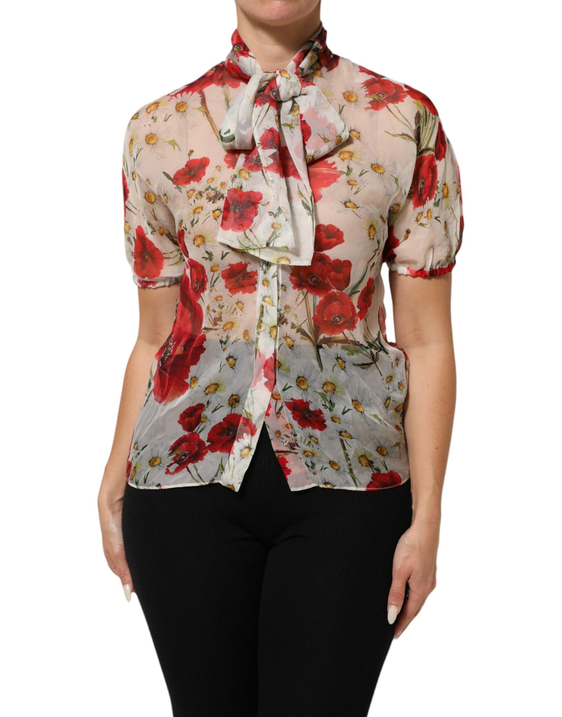Dolce & Gabbana White Floral Tie-Neck Poppy Print Blouse Top