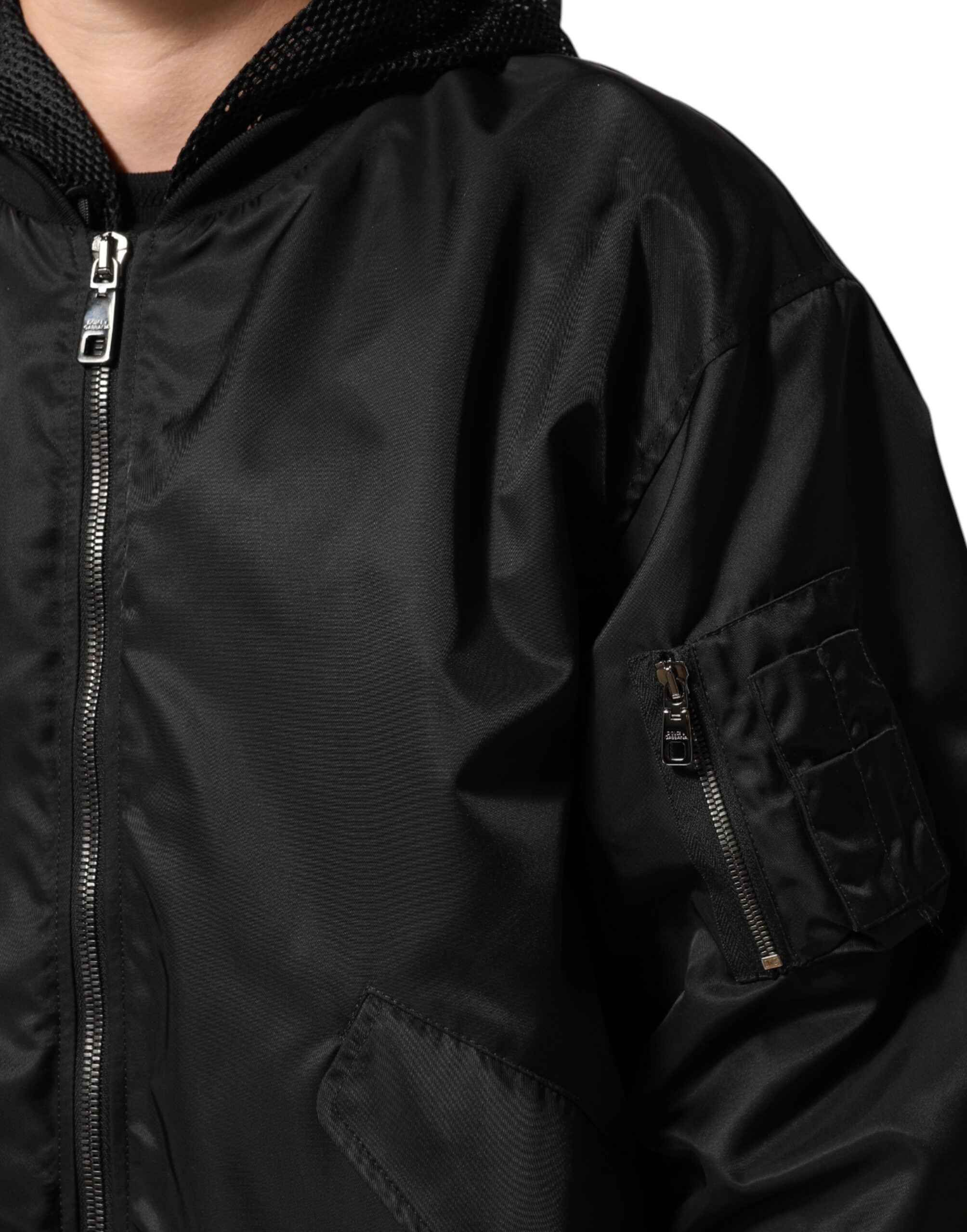 Dolce & Gabbana Black Nylon Hooded Full Zip Bomber Men Jacket