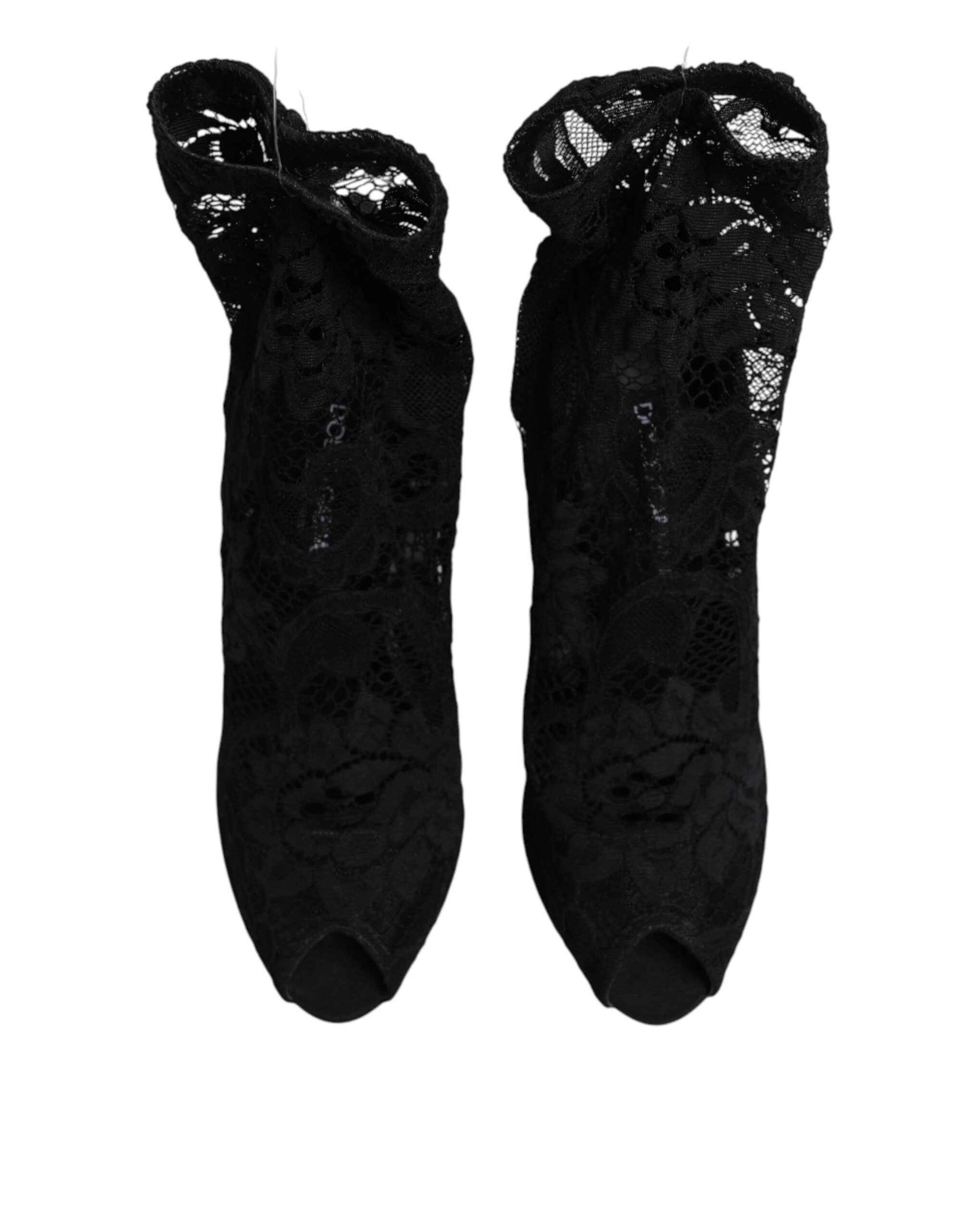 Dolce & Gabbana Black Stretch Taormina Lace Boots Shoes