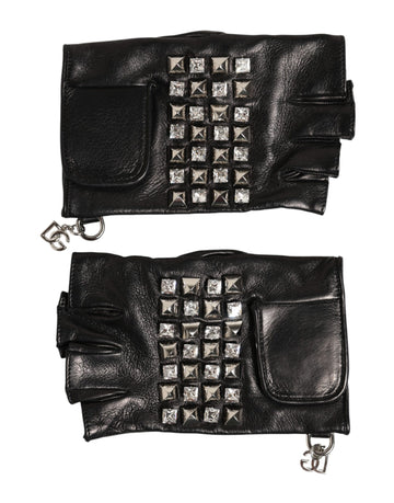 Dolce & Gabbana Black Leather Studded Fingerless Hand Mitten Men Gloves
