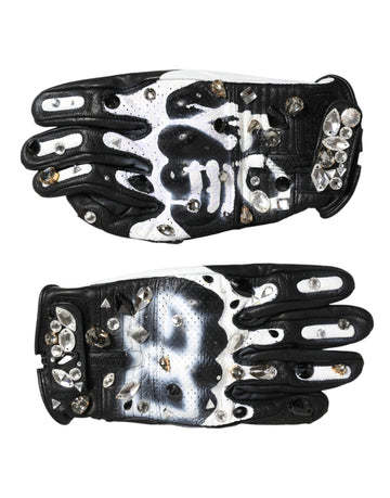 Dolce & Gabbana Gloves Black White Crystal Wrist Length Mitten  Gloves