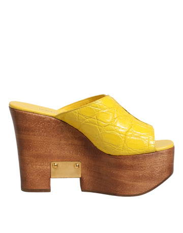 Dolce & Gabbana Yellow Leather Wood Mule Wedge Slides Shoes