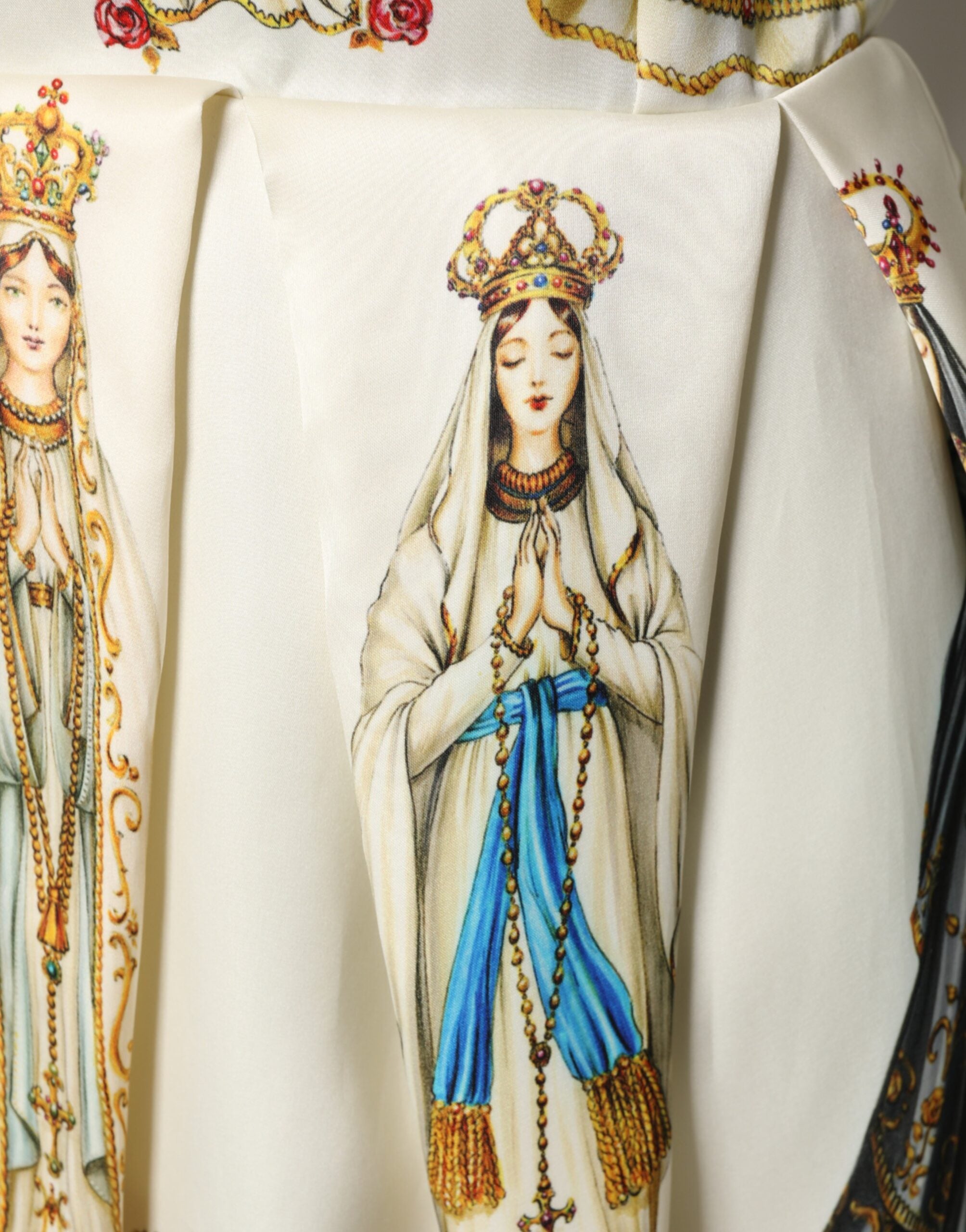 Dolce & Gabbana Beige Madonne Print Silk Short Sleeve Dress