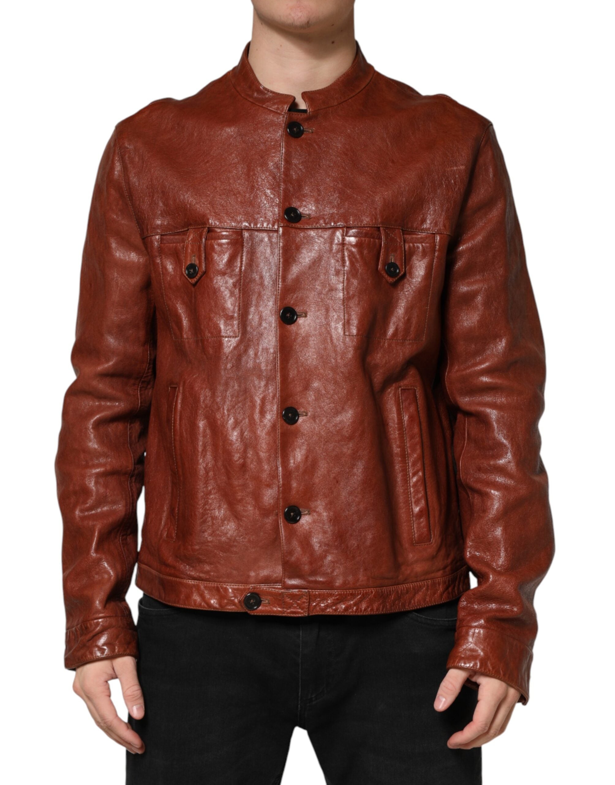 Dolce & Gabbana Brown Leather Button Down Men Biker Jacket