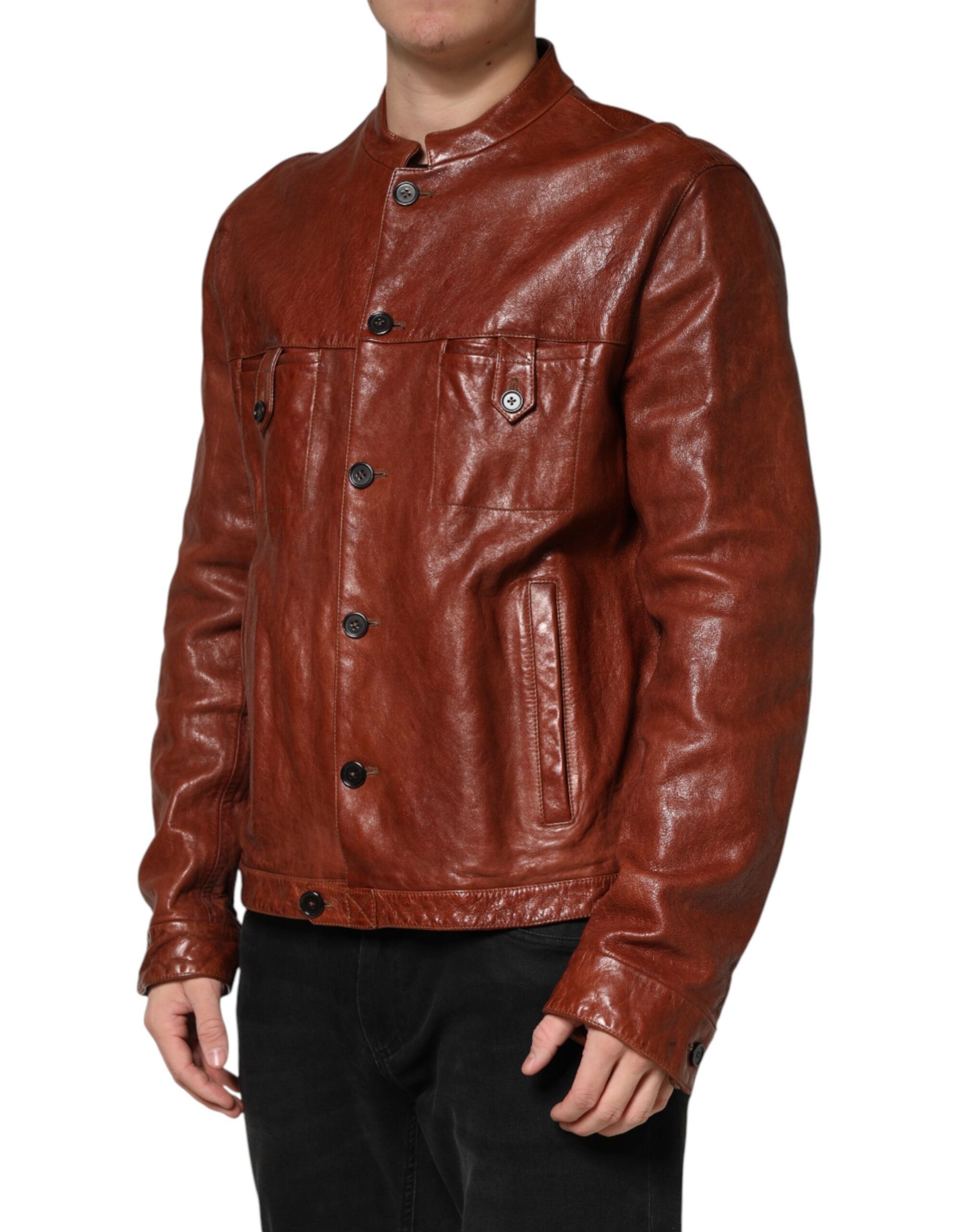 Dolce & Gabbana Brown Leather Button Down Men Biker Jacket