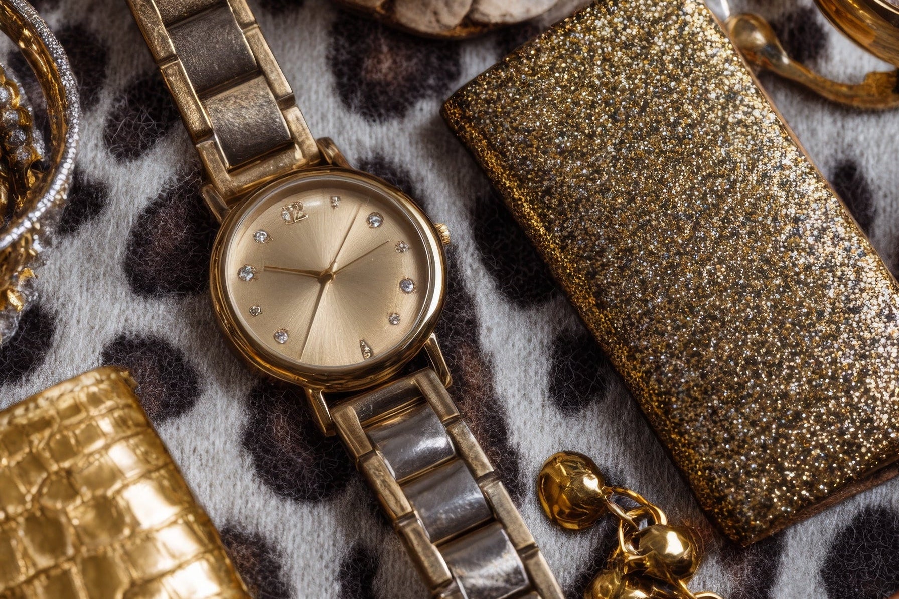 Gold watch and jewelry on a patterned fabric background